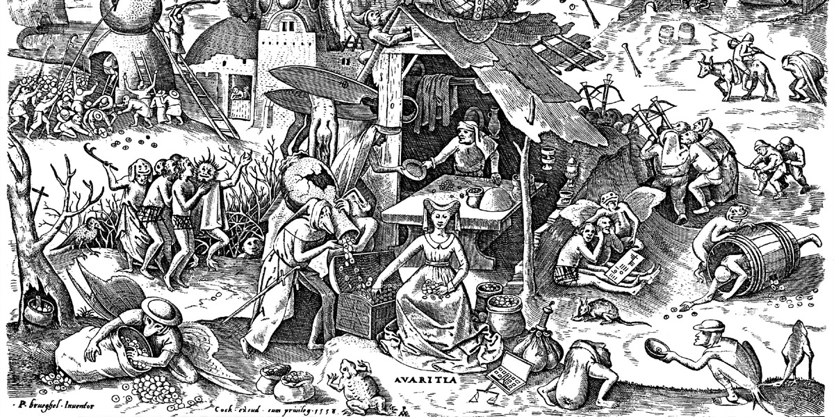Pieter Bruegel d. &Auml;. (um 1525/30&thinsp;&ndash;&thinsp;1569 Br&uuml;ssel): &raquo;Avaritia&laquo;, 1558 (Ausschnitt). Kupferstich, 22,5&nbsp;&times;&nbsp;29,5&nbsp;cm. Br&uuml;ssel, Biblioth&egrave;que Royale, Cabinet&nbsp;Estampes Public Domain