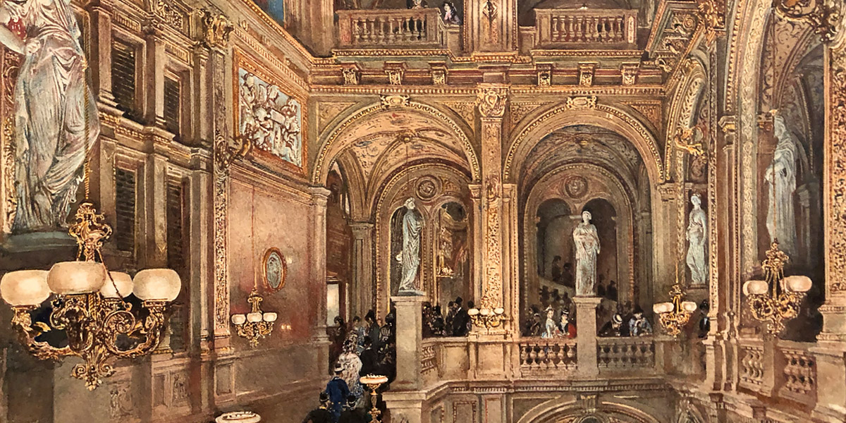 Rudolf von Alt: &raquo;Das Treppenhaus des k.k. Hof-Operntheaters&laquo;. Aquarell, 1873 (Ausschnitt) &copy; F&uuml;rstliche Sammlungen Liechtenstein, Wien &ndash; Vaduz (Foto: Thomas Prochazka)