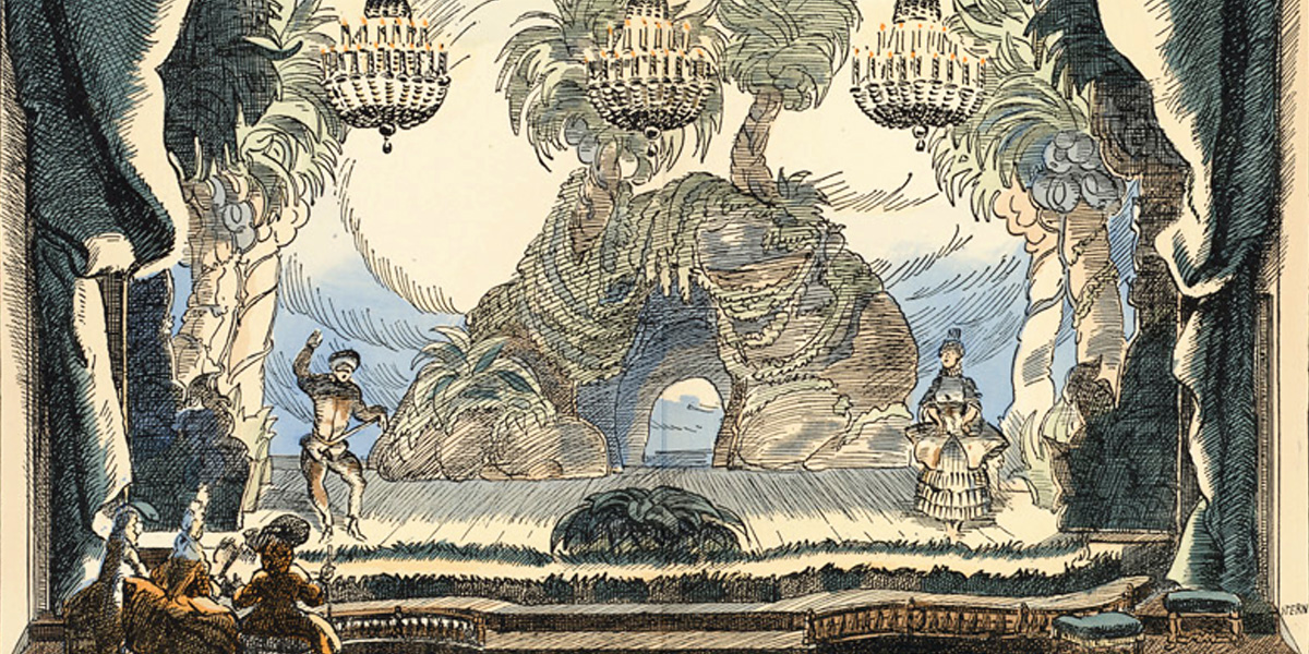 Dekorationsskizze von Ernst Stern f&uuml;r die Urauff&uuml;hrung von &raquo;Ariadne auf Naxos&laquo;, Oper in einem Aufzuge von Hugo von Hofmannsthal, Musik von Richard Strauss, zu spielen auf dem &raquo;B&uuml;rger aus Edelmann&laquo; des Moli&egrave;re (1912) <a href="https://commons.wikimedia.org/wiki/File:Beginn_der_Oper_(Boston_Public_Library).jpg">Wikipedia Commons</a> (<a href="https://creativecommons.org/licenses/by/2.0/">CC BY 2.0</a>) via the Boston Public Library