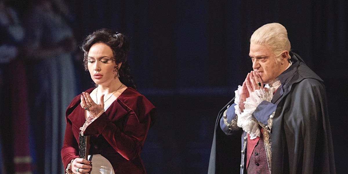 &raquo;&#8239;Tosca&#8239;&laquo; Elena Stikhina (Tosca) bei ihrem Haus-Debut mit Roberto Frontali (Barone Scarpia) &copy; Wiener Staatsoper GmbH/Michael P&ouml;hn