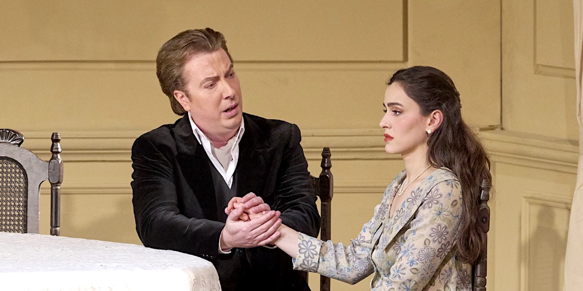 &raquo;&#8239;Eugen Onegin&#8239;&laquo;, 1. Akt: Boris Pinkhasovich (Eugen Onegin) und Ruzan Mantashyan (Tatjana) &copy; Wiener Staatsoper GmbH/Michael P&ouml;hn