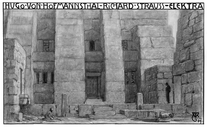 Alfred Rollers Enwurf für das Bühnenbild der Erstaufführung der Oper »Elektra« von Hugo von Hofmannsthal und Richard Strauss an der Wiener Hofoper am 24. März 1909 -- Wikipedia Commons